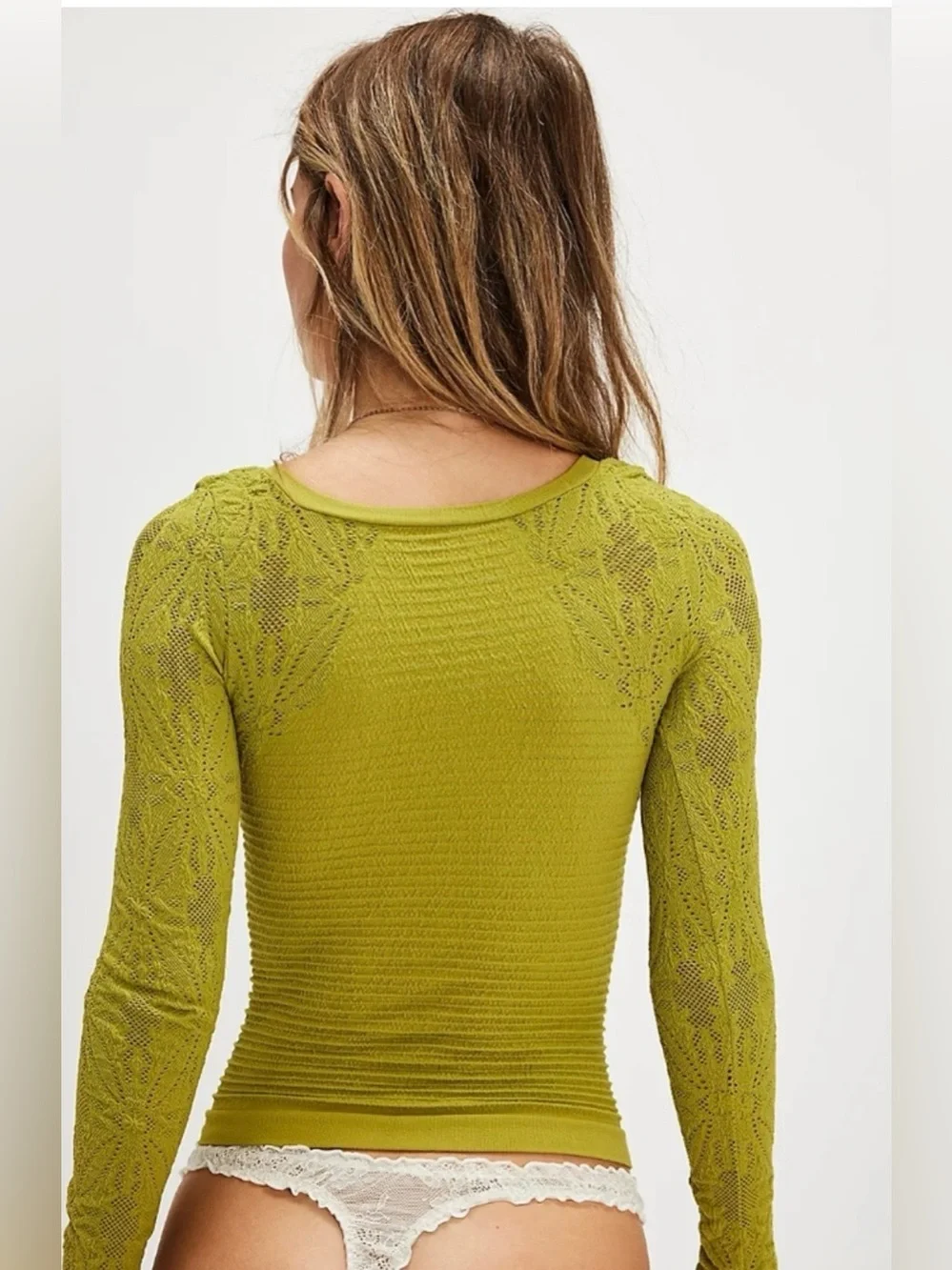 Free People Cutout Long Sleeve Seamless Top ~ Chartreuse